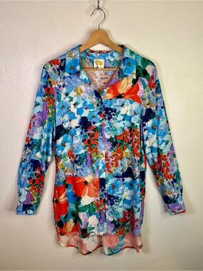 Fig & Flower Abstract Watercolor Floral Button Down Blouse Women's Size Medium
